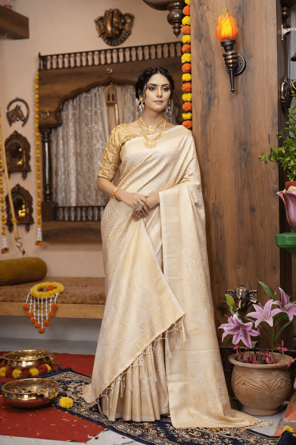 Beige Kanjivaram Silk Saree with Design & Rich Pallu - Kanyaraa