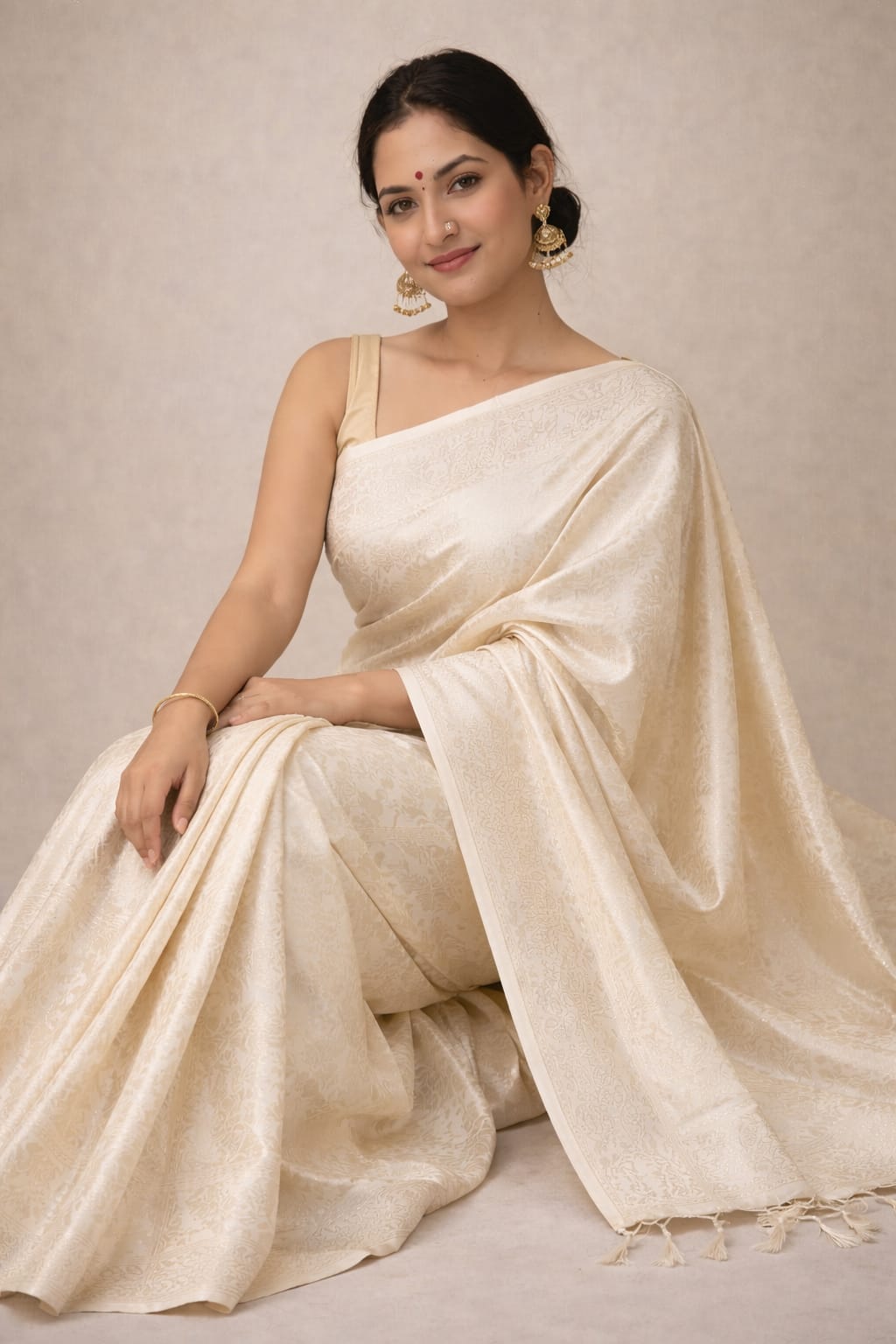 Beige Kanjivaram Silk Saree with Floral Design & Rich Pallu - Saree