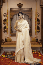 Beige Kanjivaram Silk Saree with Floral Design & Rich Pallu - Kanyaraa