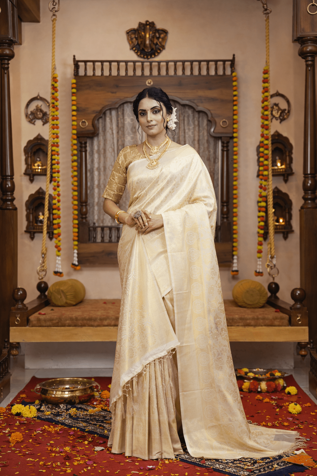 Beige Kanjivaram Silk Saree with Floral Design & Rich Pallu - Kanyaraa