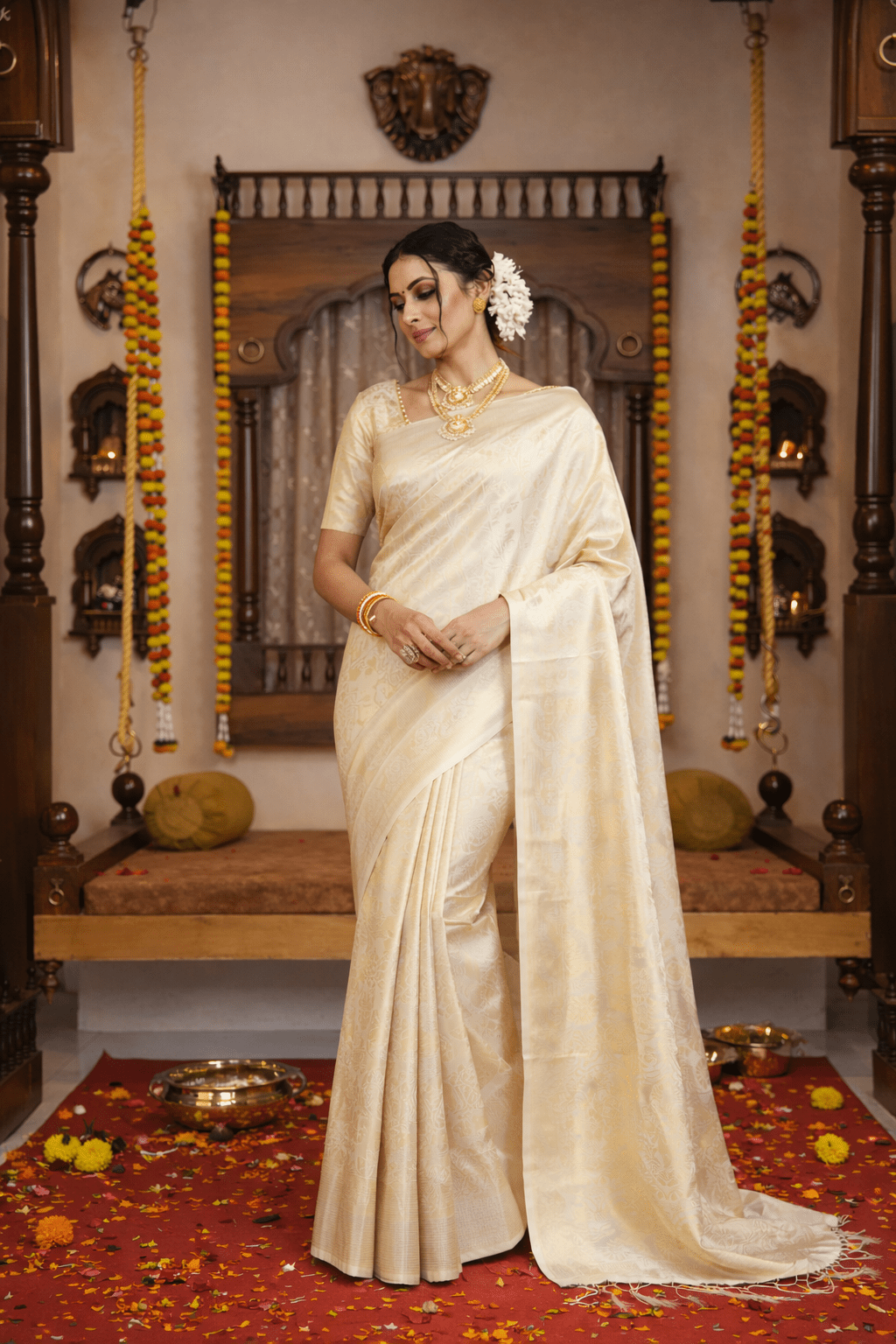 Beige Kanjivaram Silk Saree with Floral Design & Rich Pallu - Kanyaraa