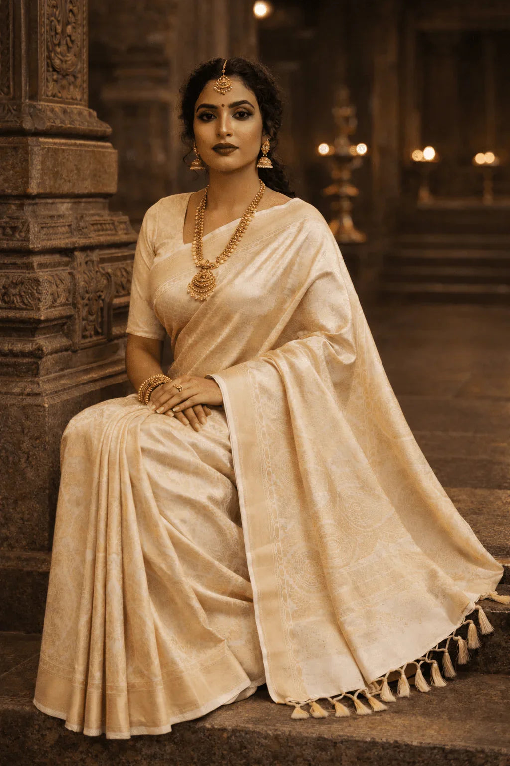 Beige Kanjivaram Silk Saree with Woven Motifs & Rich Pallu - Kanyaraa