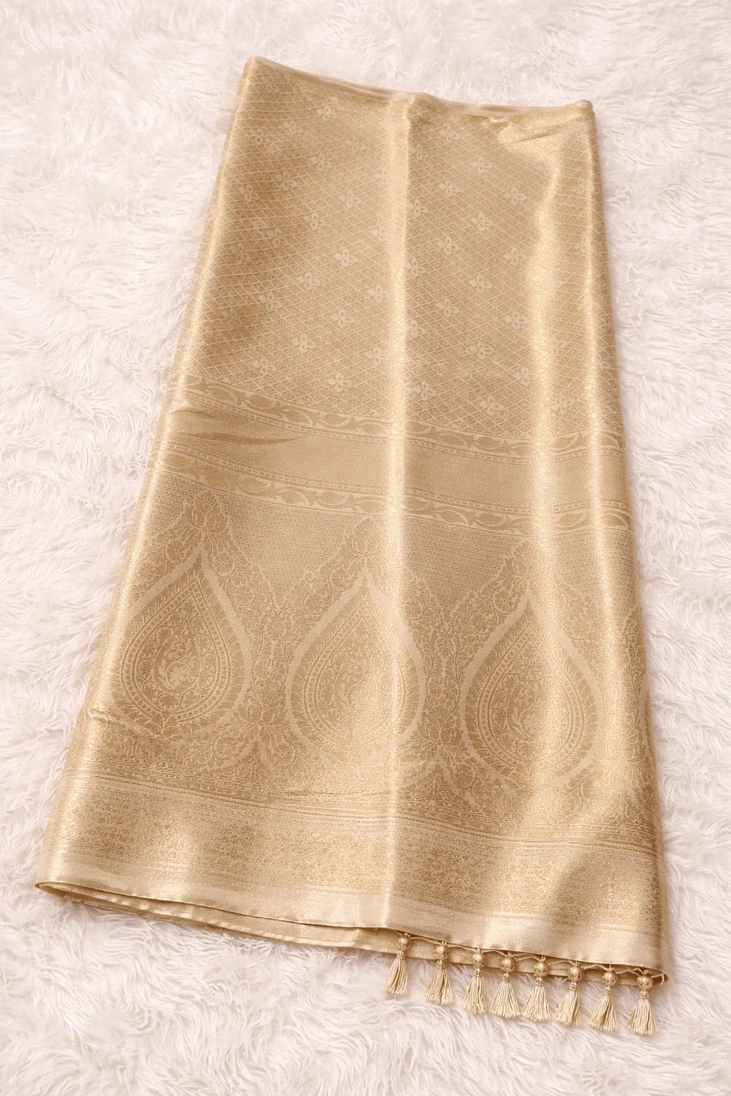 Beige Kanjivaram Silk Saree with Woven Motifs & Rich Pallu - Saree
