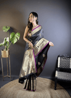 Black Kanchipuram Silk Saree with Golden Zari Weaving Work - Kanyaraa