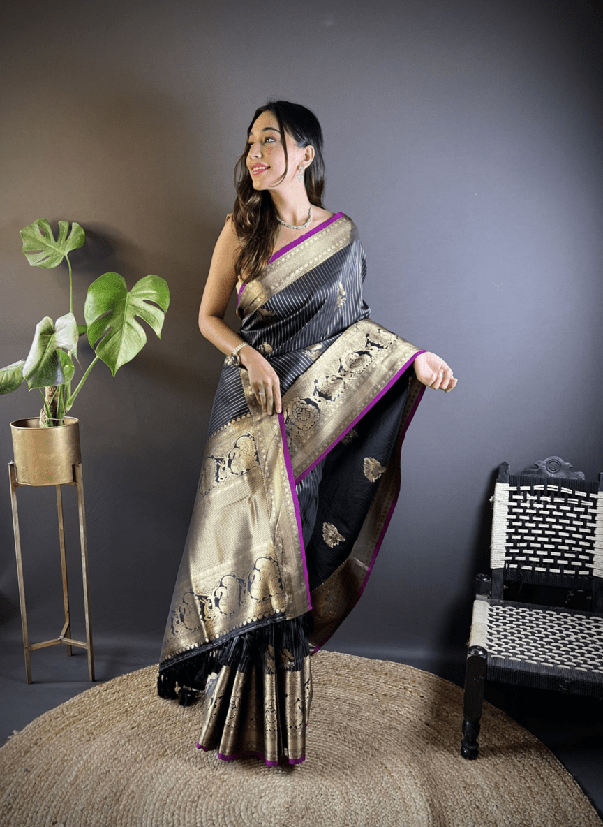 Black Kanchipuram Silk Saree with Golden Zari Weaving Work - Kanyaraa