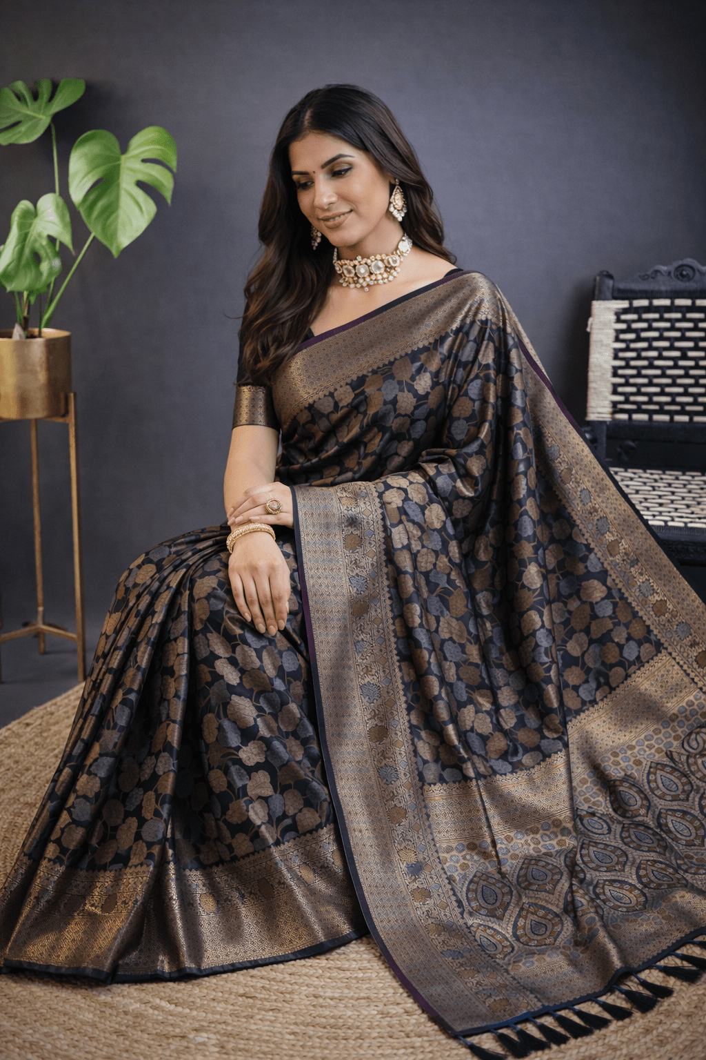 Black Kanchipuram Silk Saree with Golden Zari Weaving Work - Kanyaraa