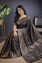 Black Kanchipuram Silk Saree with Golden Zari Weaving Work - Kanyaraa