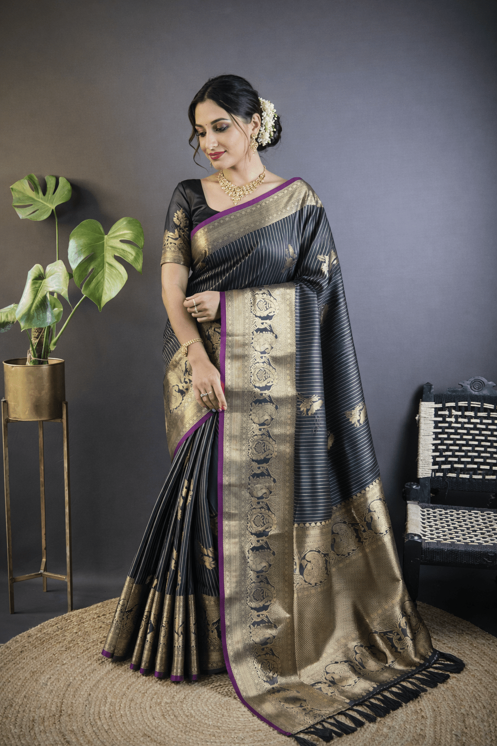 Black Kanchipuram Silk Saree with Golden Zari Weaving Work - Kanyaraa