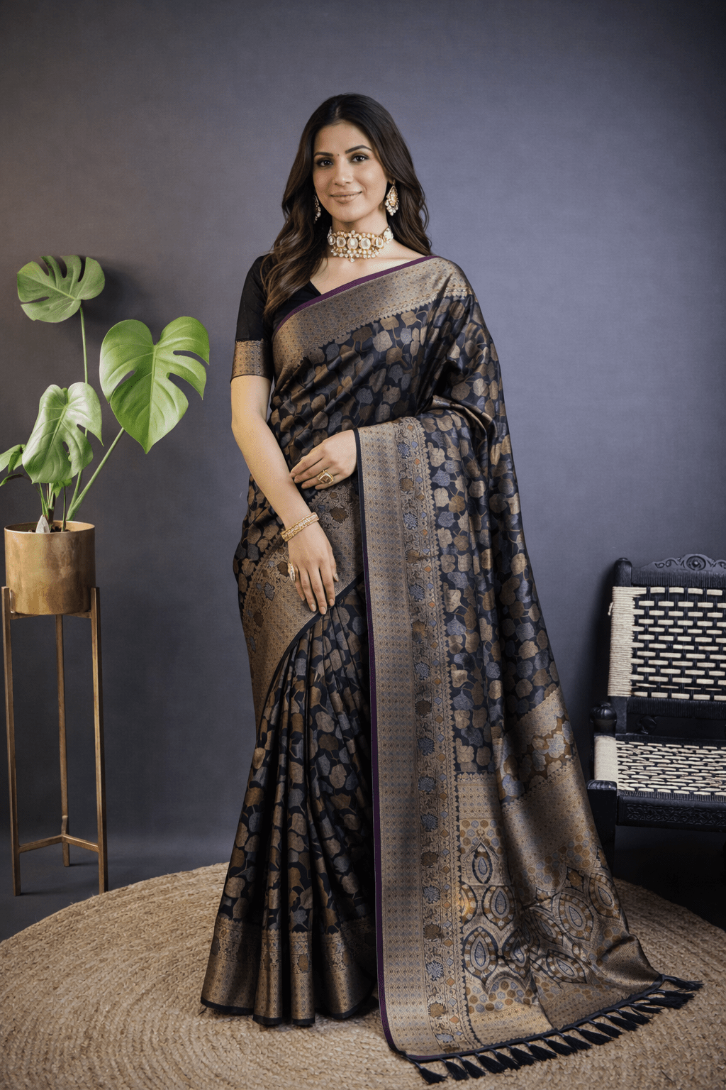 Black Kanchipuram Silk Saree with Golden Zari Weaving Work - Kanyaraa