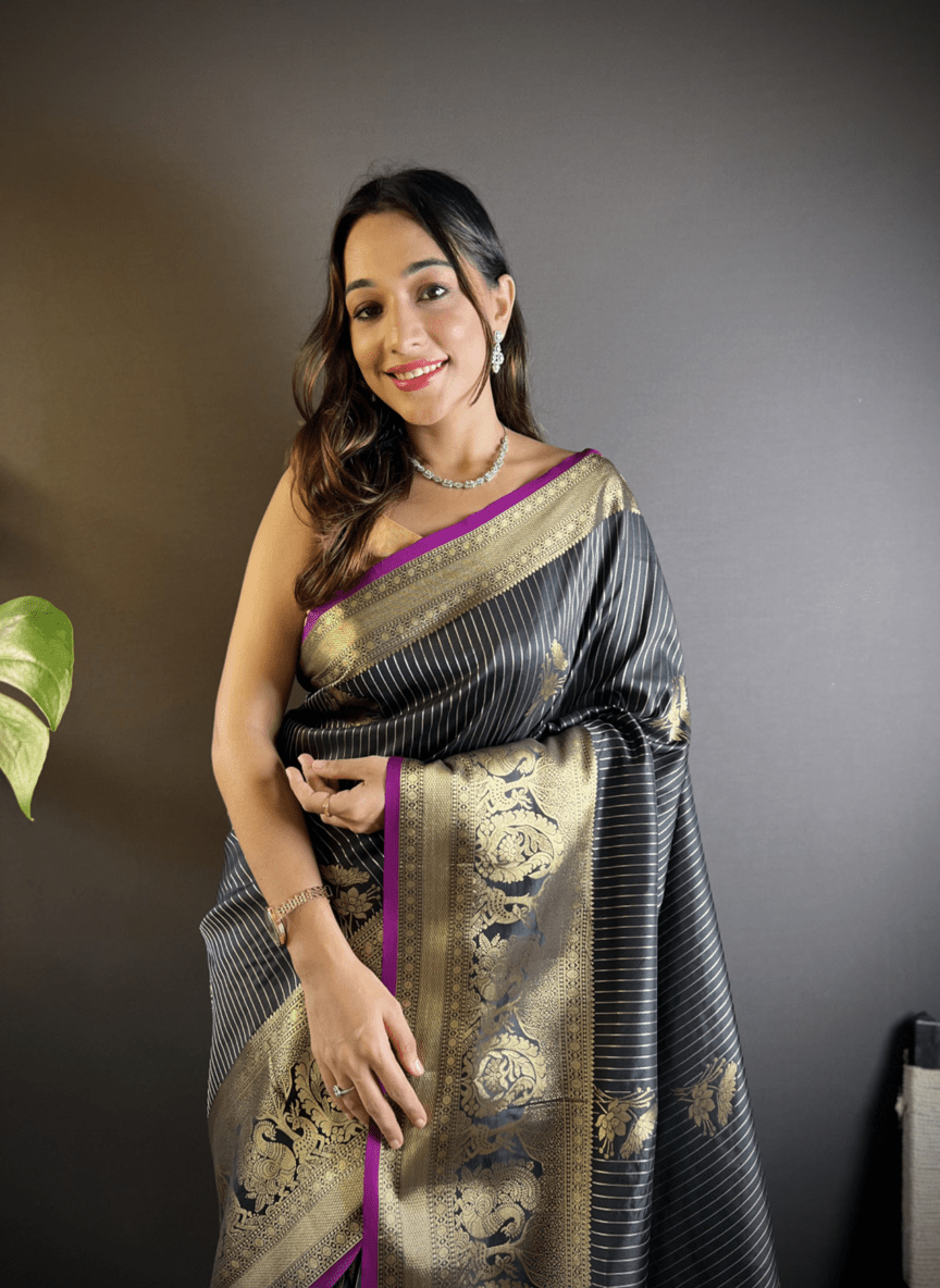 Black Kanchipuram Silk Saree with Golden Zari Weaving Work - Kanyaraa