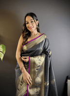 Black Kanchipuram Silk Saree with Golden Zari Weaving Work - Kanyaraa