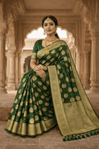 Bottle Green Traditional Katan Weave Wedding Banarasi Silk Saree with Blouse Piece - Kanyaraa