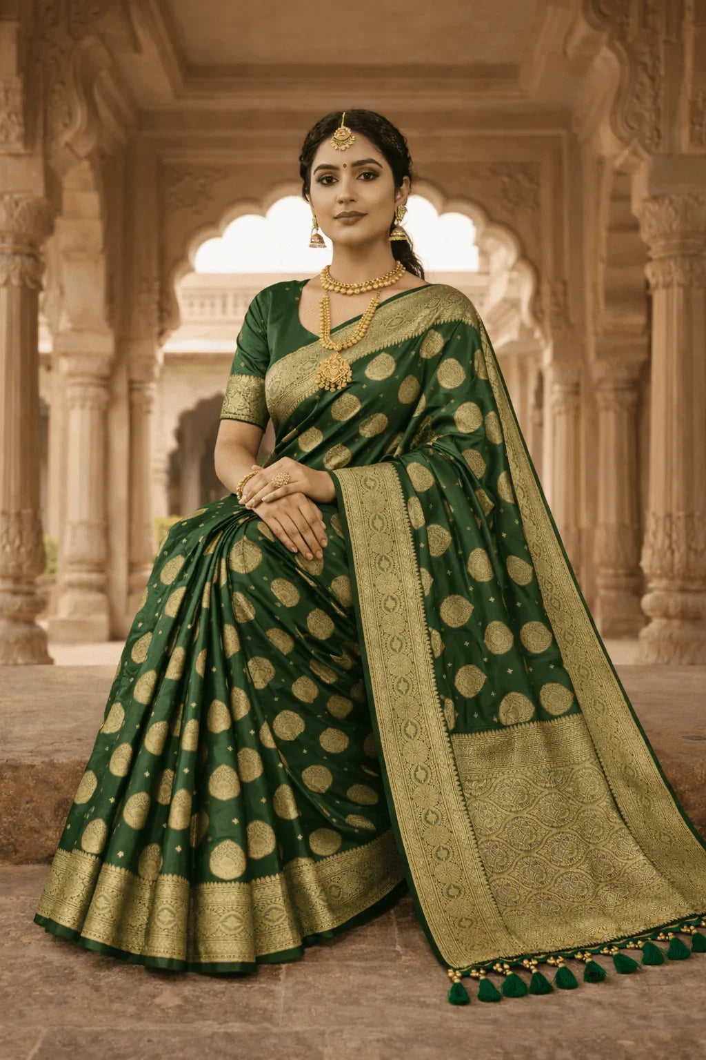 Bottle Green Traditional Katan Weave Wedding Banarasi Silk Saree with Blouse Piece - Kanyaraa
