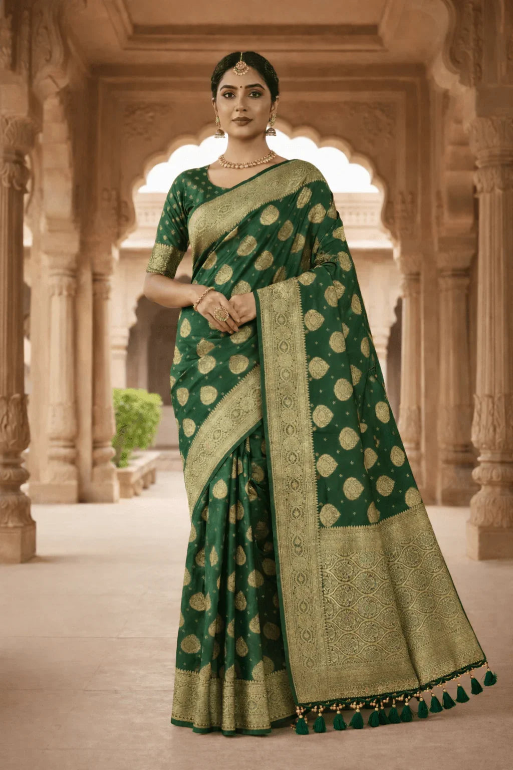 Bottle Green Traditional Katan Weave Wedding Banarasi Silk Saree with Blouse Piece - Kanyaraa