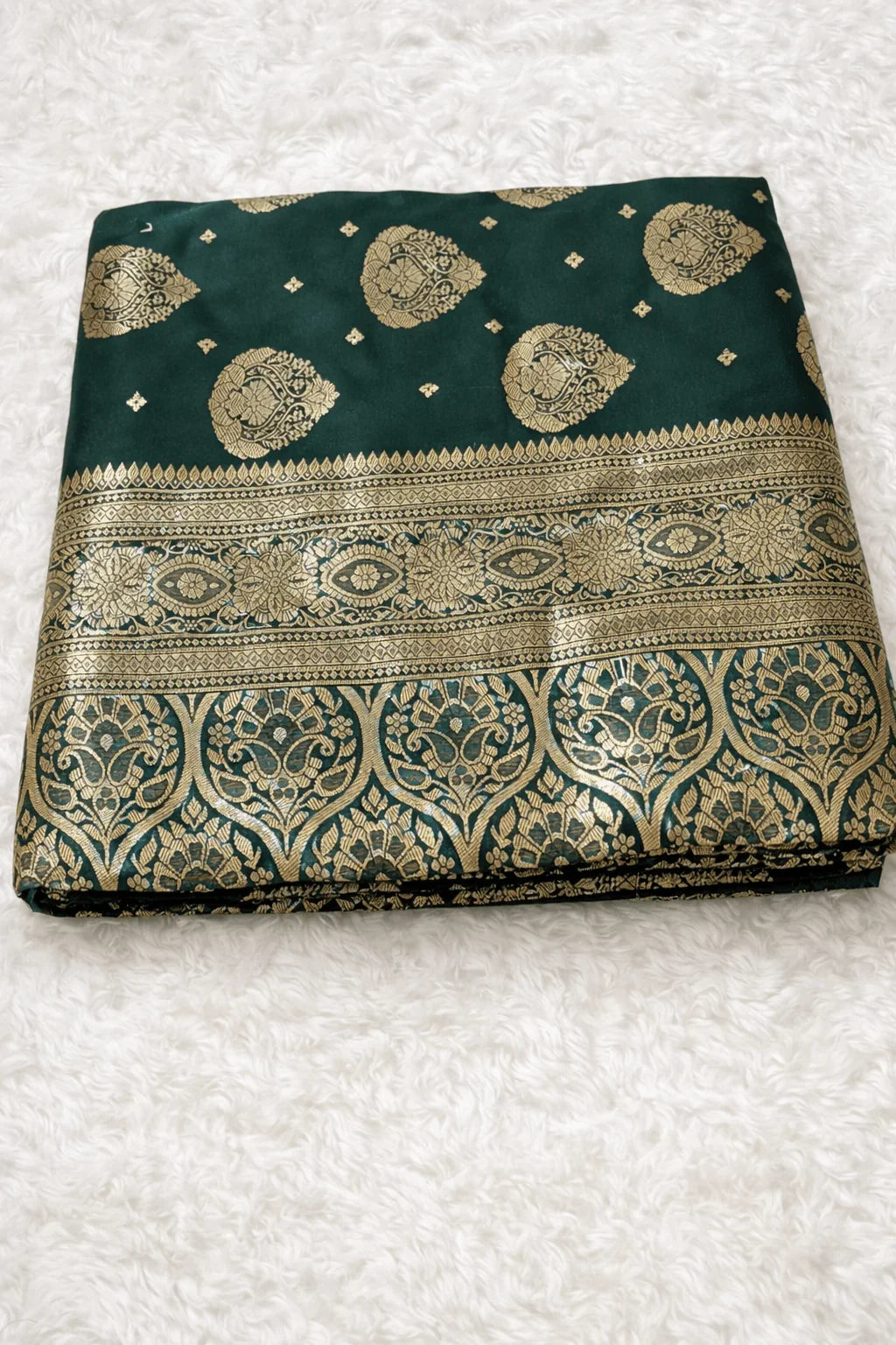 Bottle Green Wedding Banarasi Silk Saree with Blouse Piece - Saree
