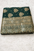 Bottle Green Wedding Banarasi Silk Saree with Blouse Piece - Saree