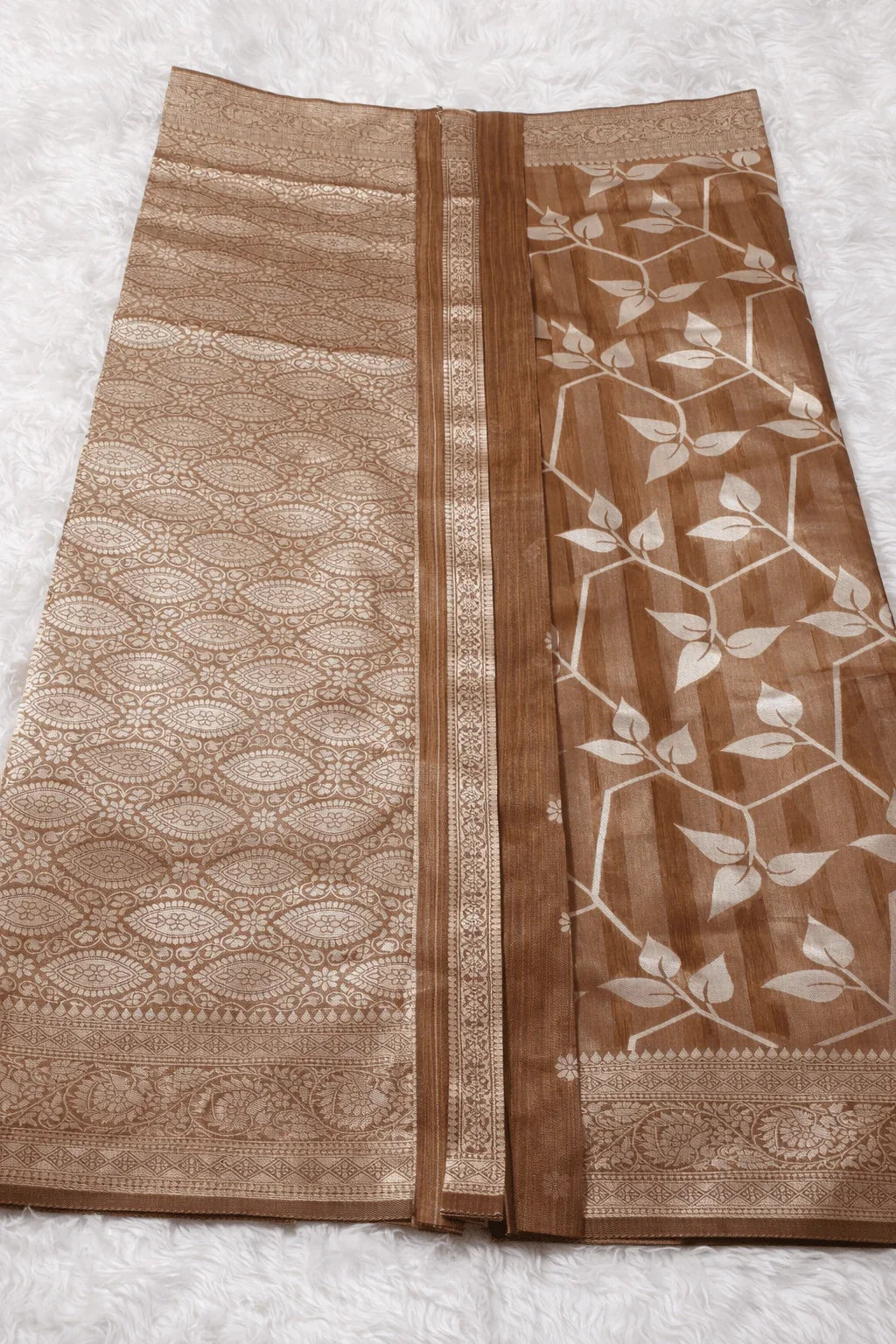 Brown Tissue Silk Saree with Silver Zari Work and Blouse Piece - Kanyaraa