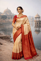 Cream & Red color Kanjivaram silk saree with zari weaving work - Kanyaraa