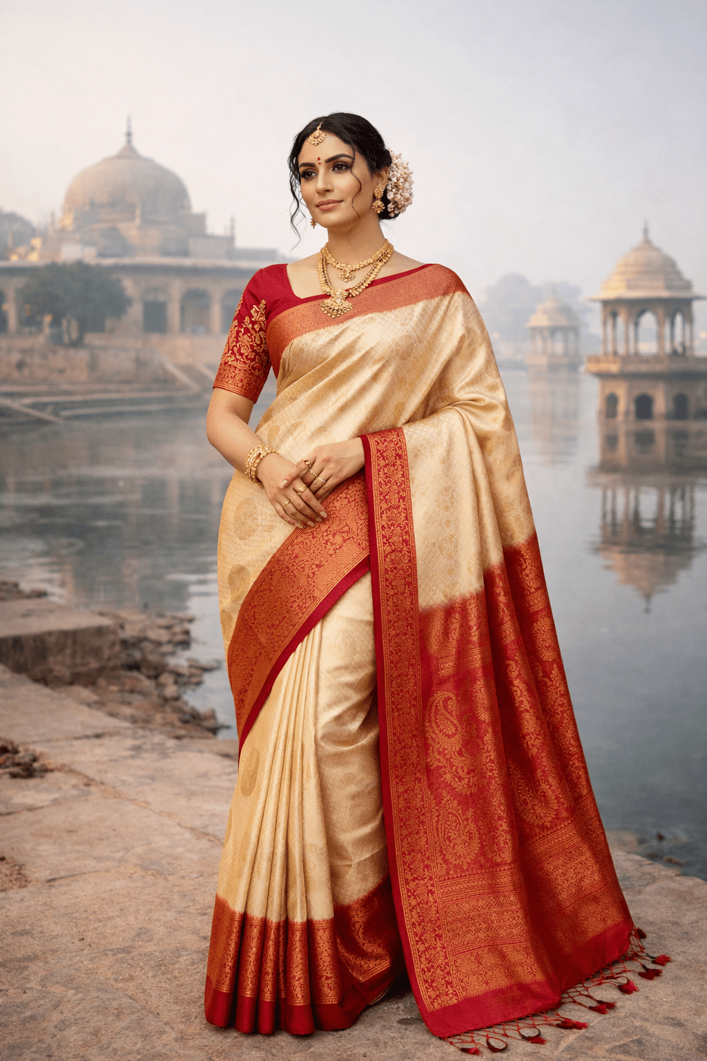 Cream & Red color Kanjivaram silk saree with zari weaving work - Kanyaraa