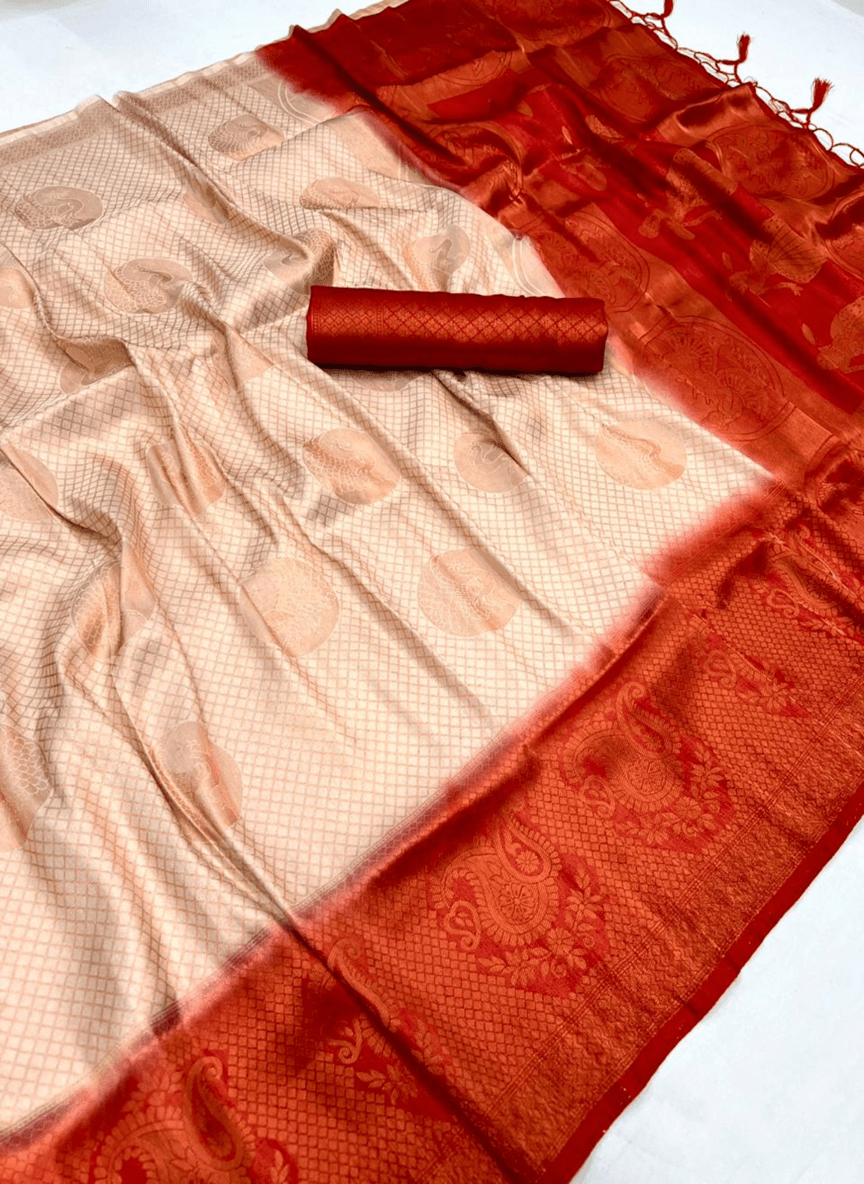 Cream & Red color Kanjivaram silk saree with zari weaving work - Kanyaraa