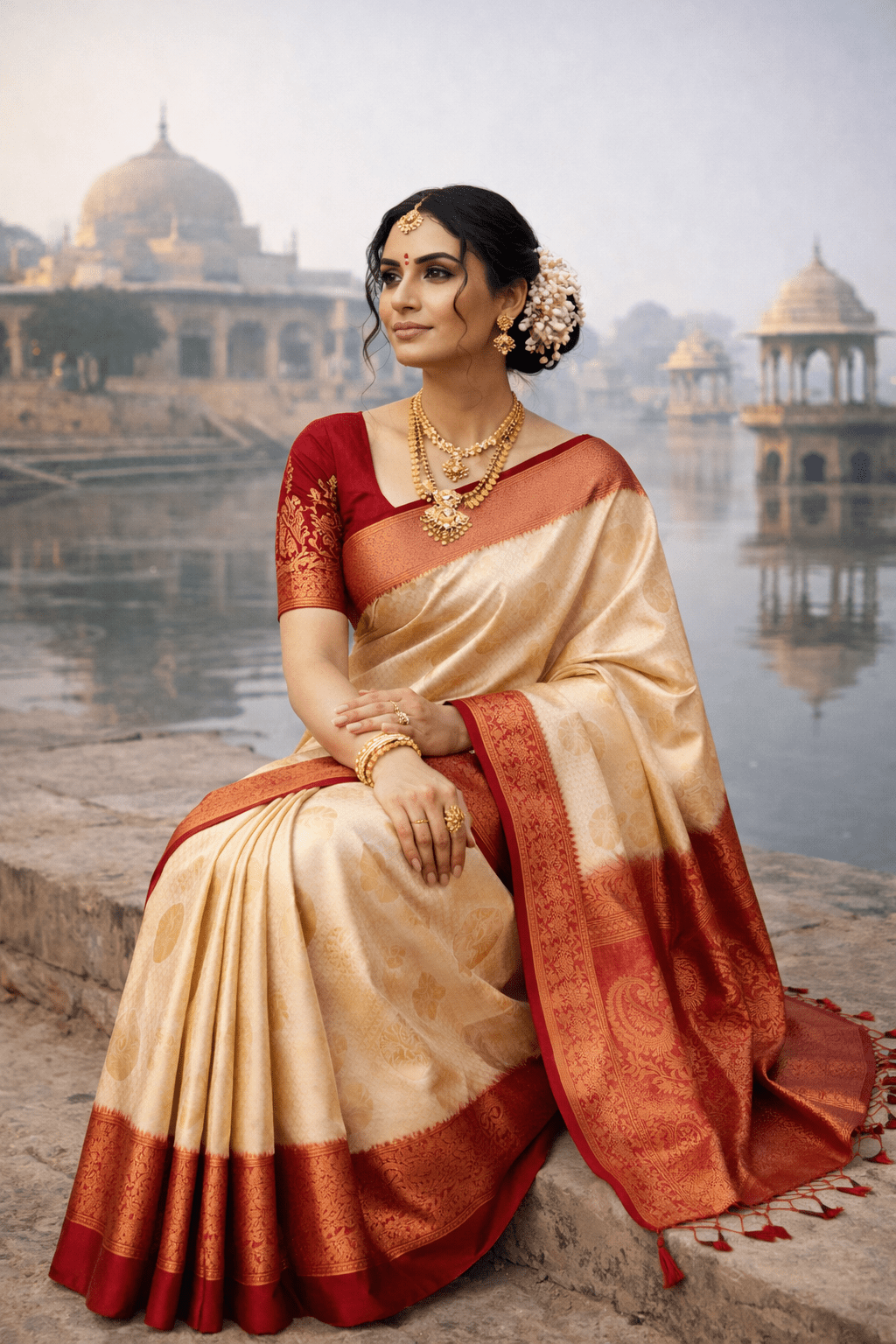 Cream & Red color Kanjivaram silk saree with zari weaving work - Kanyaraa