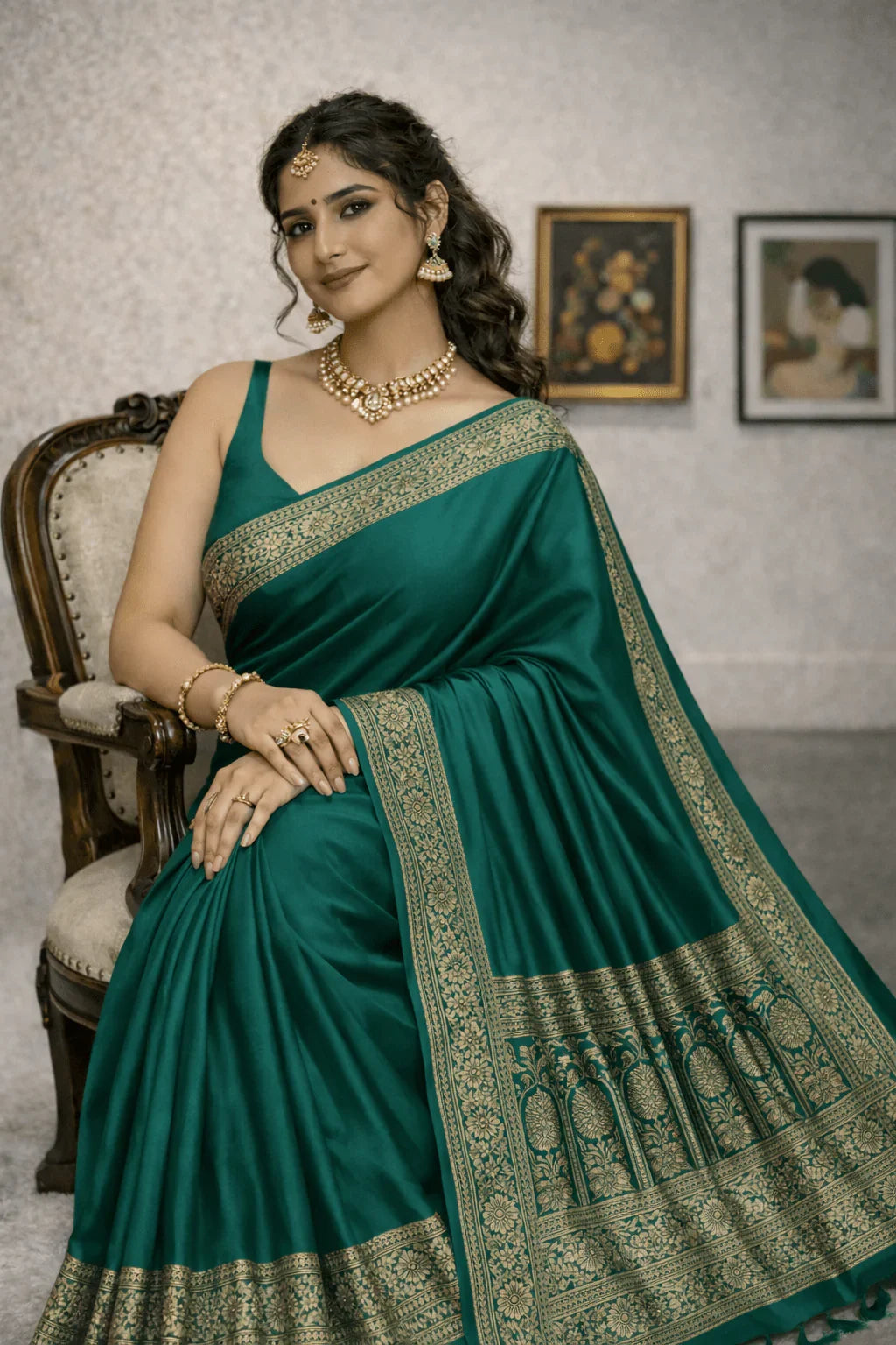 Emerald Green Authentic Varanasi Banarasi Silk Saree in Traditional Gold Zari - Kanyaraa