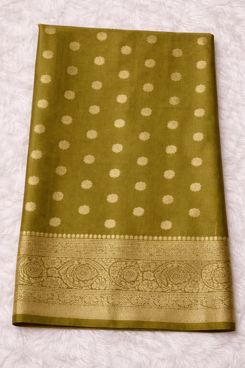 Golden Olive Tissue Silk Saree with Silver Zari Work - Saree