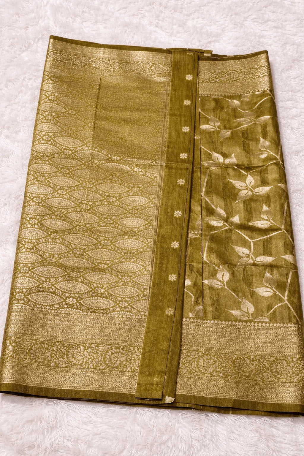 Golden Olive Tissue Silk Saree with Silver Zari Work - Saree