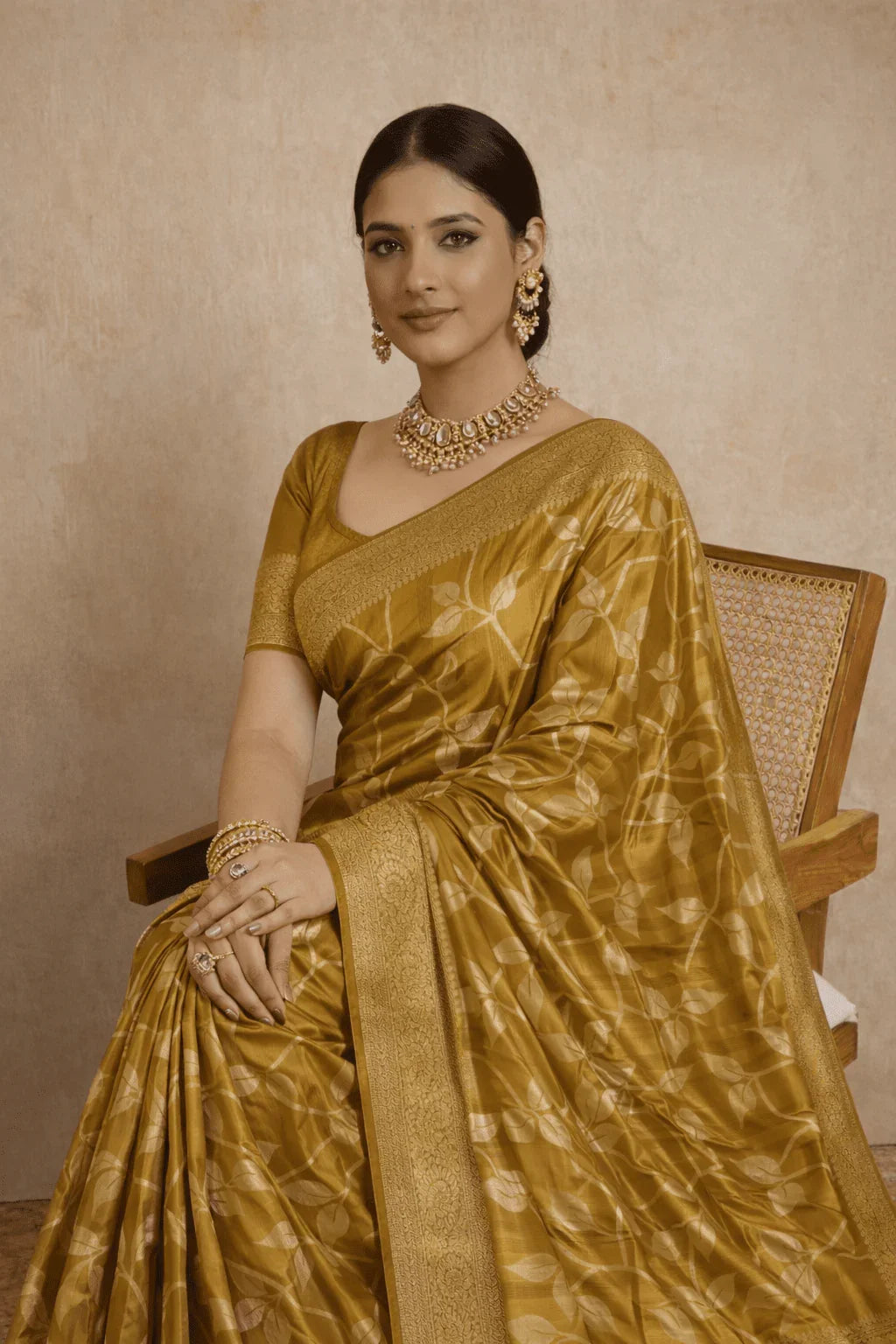 Golden Olive Tissue Silk Saree with Silver Zari Work - Kanyaraa