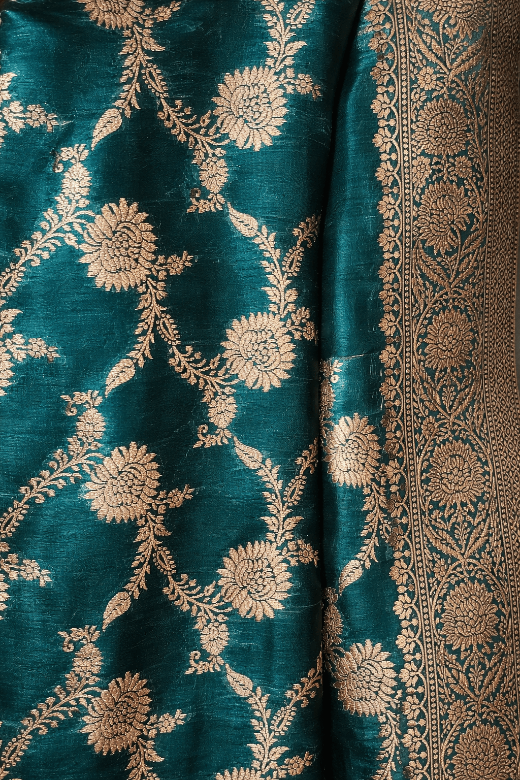Green Jaal Banarasi Silk Saree with Golden Zari Work and Blouse Piece - Kanyaraa