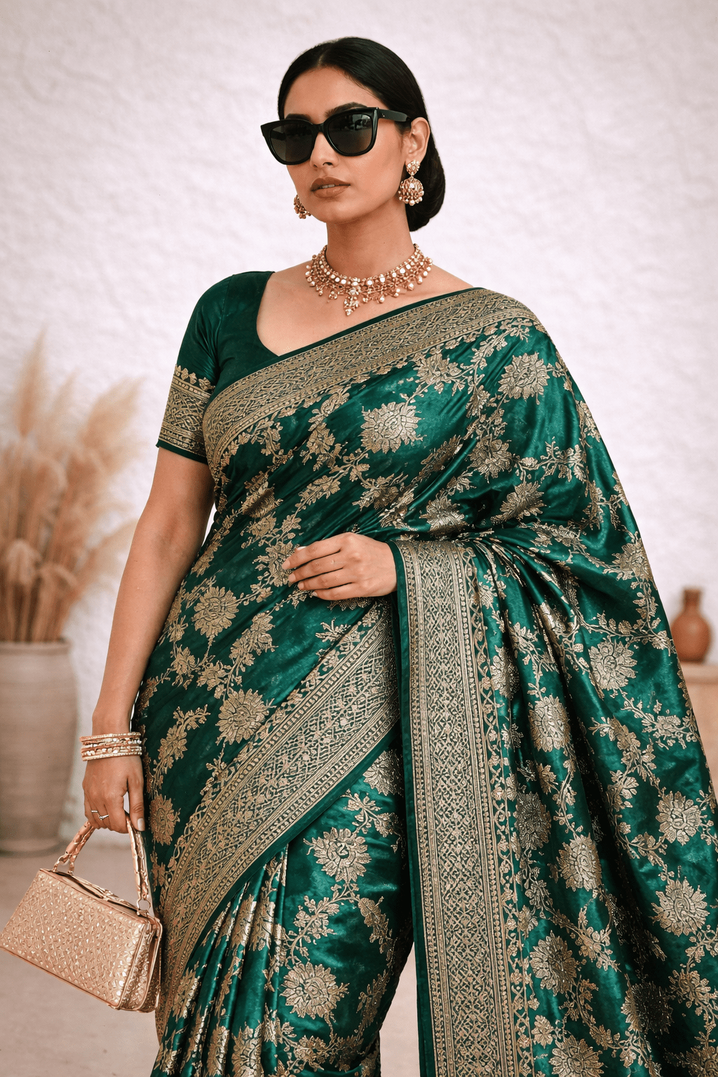 Green Jaal Banarasi Silk Saree with Golden Zari Work and Blouse Piece - Kanyaraa