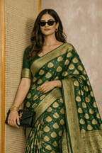 Green Varanasi Banarasi Silk Saree with Blouse Piece - Kanyaraa