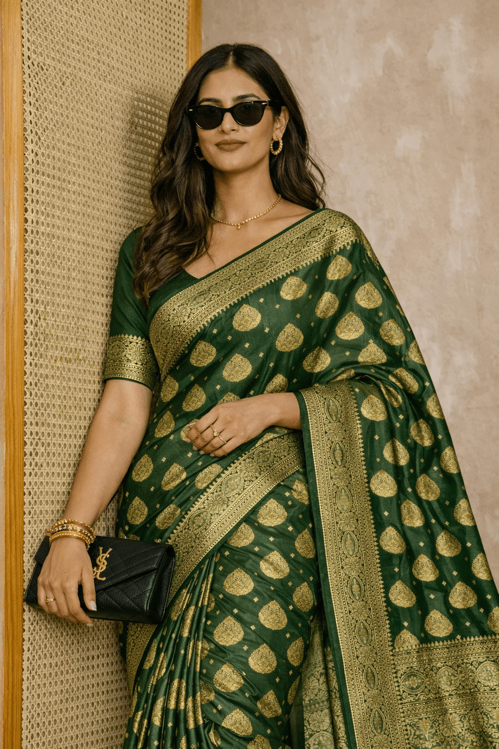 Green Varanasi Banarasi Silk Saree with Blouse Piece - Kanyaraa