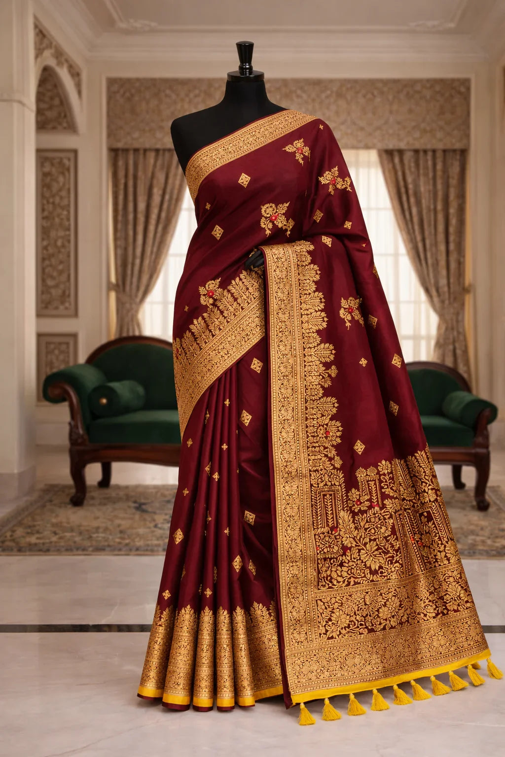 Handloom Cutwork Maroon Silk Saree with Yellow Blouse Piece - Kanyaraa