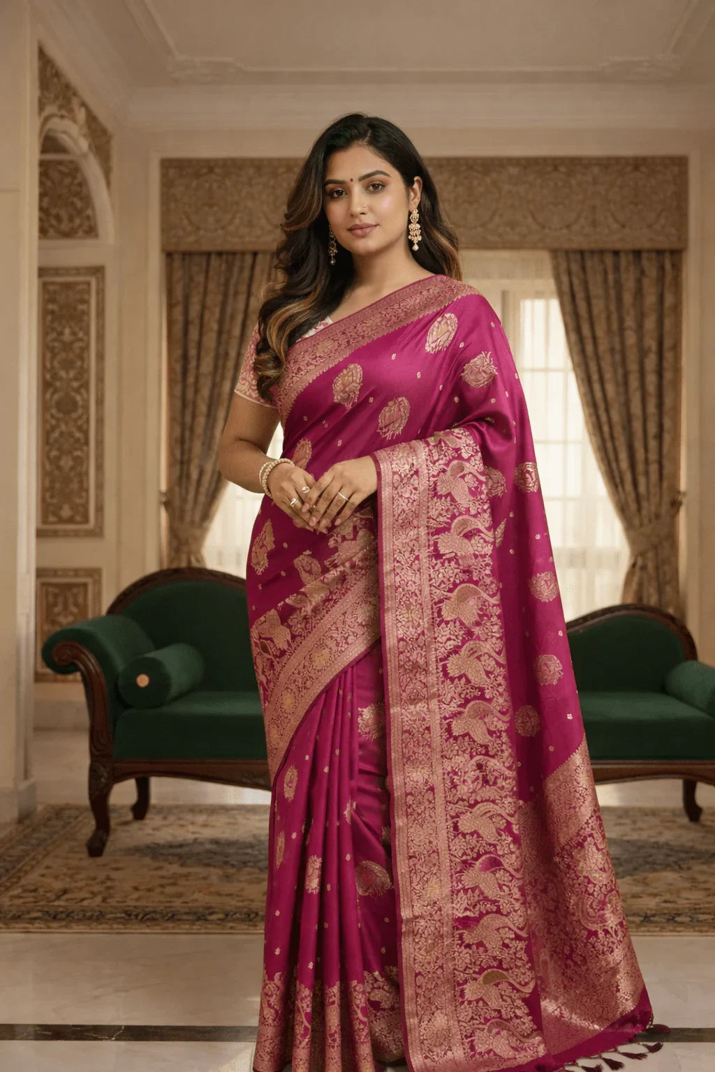 Magenta Mashru Silk Saree with Meenakari Peacock Zari Work & Contrast Brown Blouse - Kanyaraa