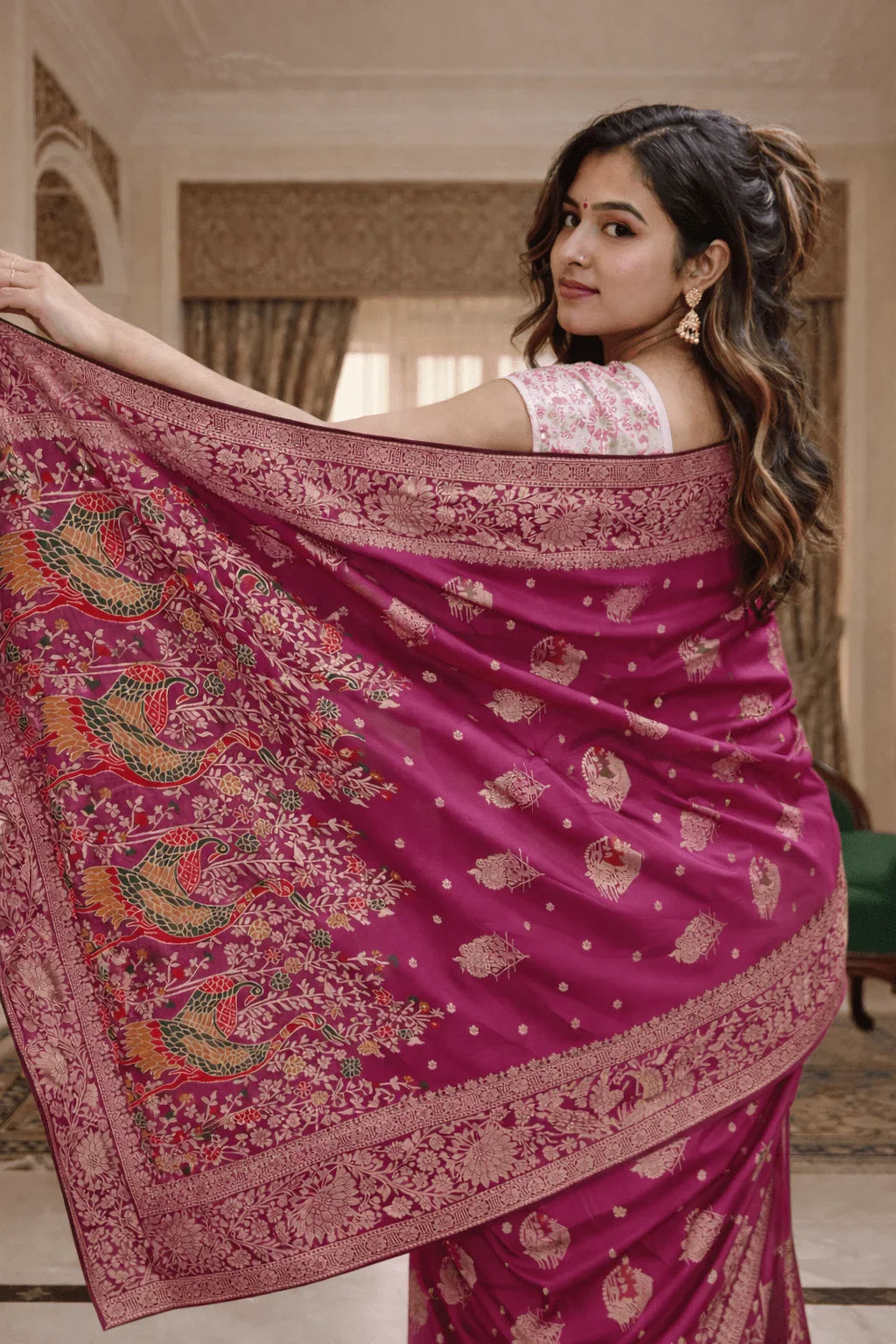 Magenta Mashru Silk Saree with Meenakari Peacock Zari Work & Contrast Brown Blouse - Kanyaraa