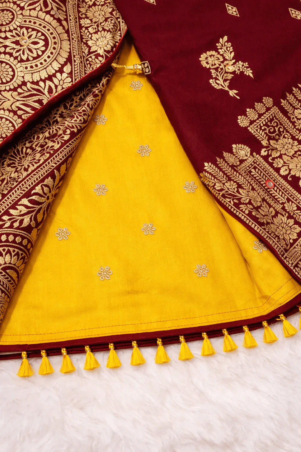 Maroon Premium Silk Saree with Golden Zari Weaving and Mirror Work with Contrast Yellow Blouse Piece