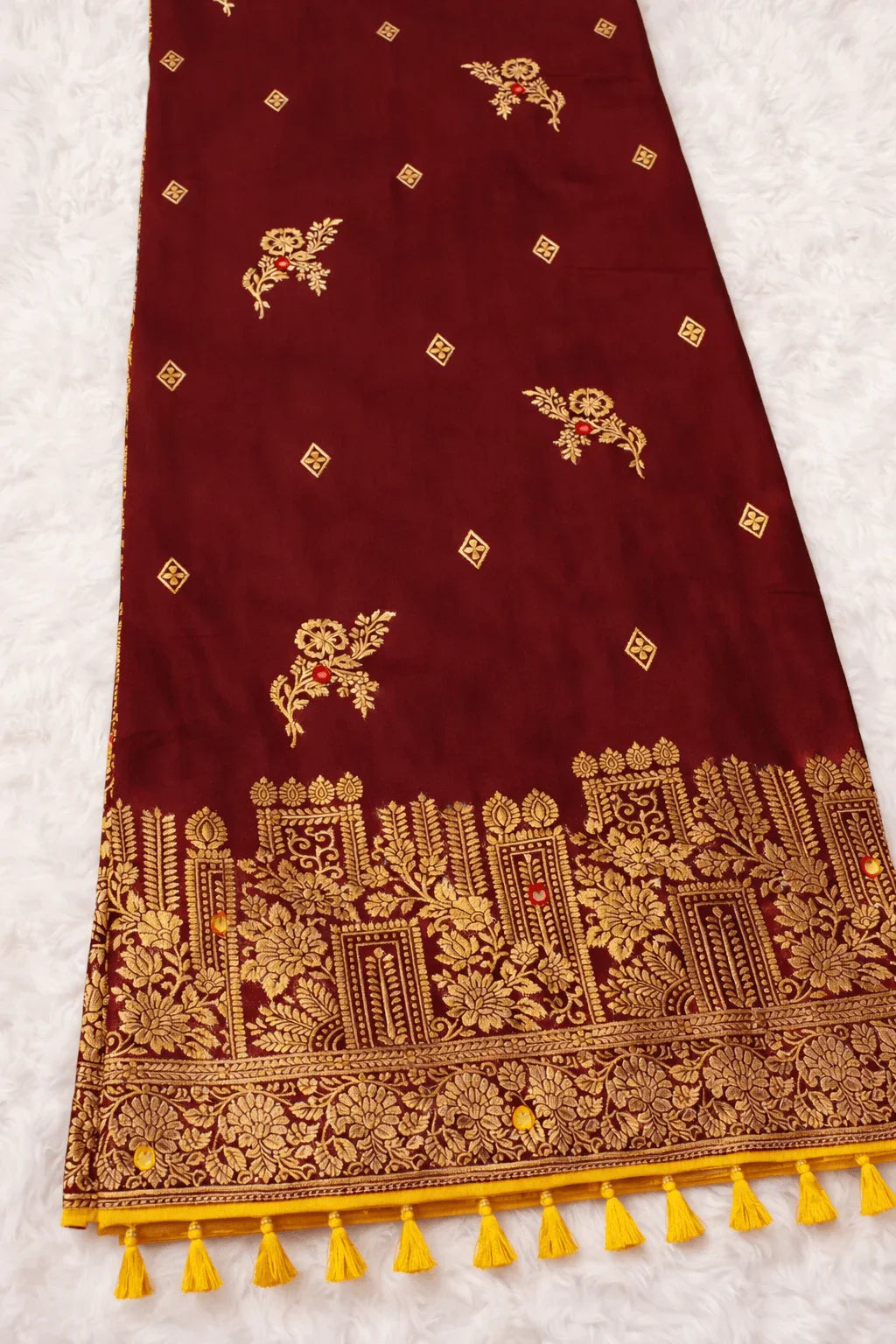 Maroon Premium Silk Saree with Golden Zari Weaving and Mirror Work with Contrast Yellow Blouse Piece
