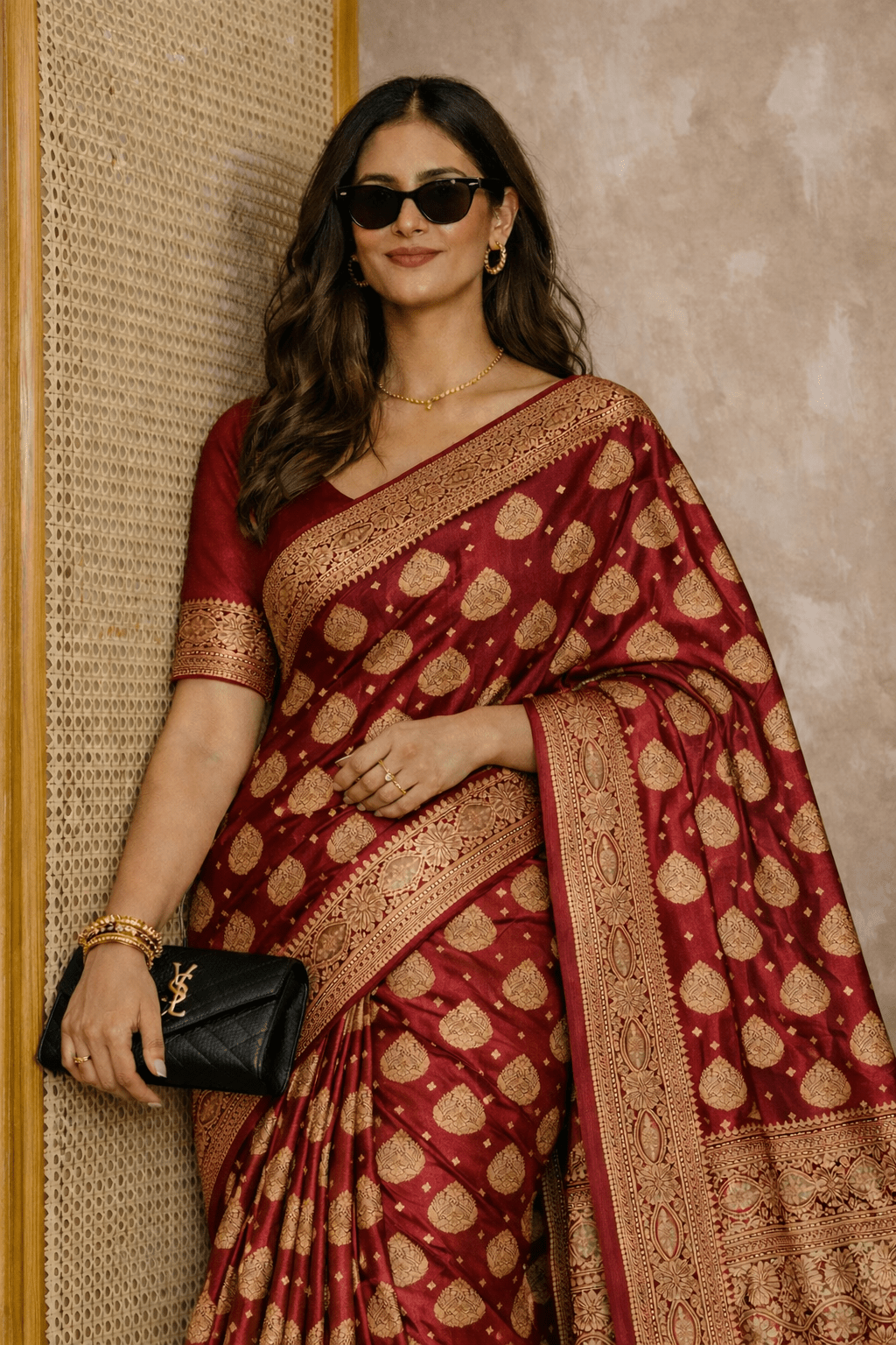 Maroon Varanasi Banarasi Silk Saree with Blouse Piece - Kanyaraa