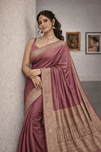 Mauve Pink Banarasi Silk Saree with Gold Border and Blouse Piece - Kanyaraa