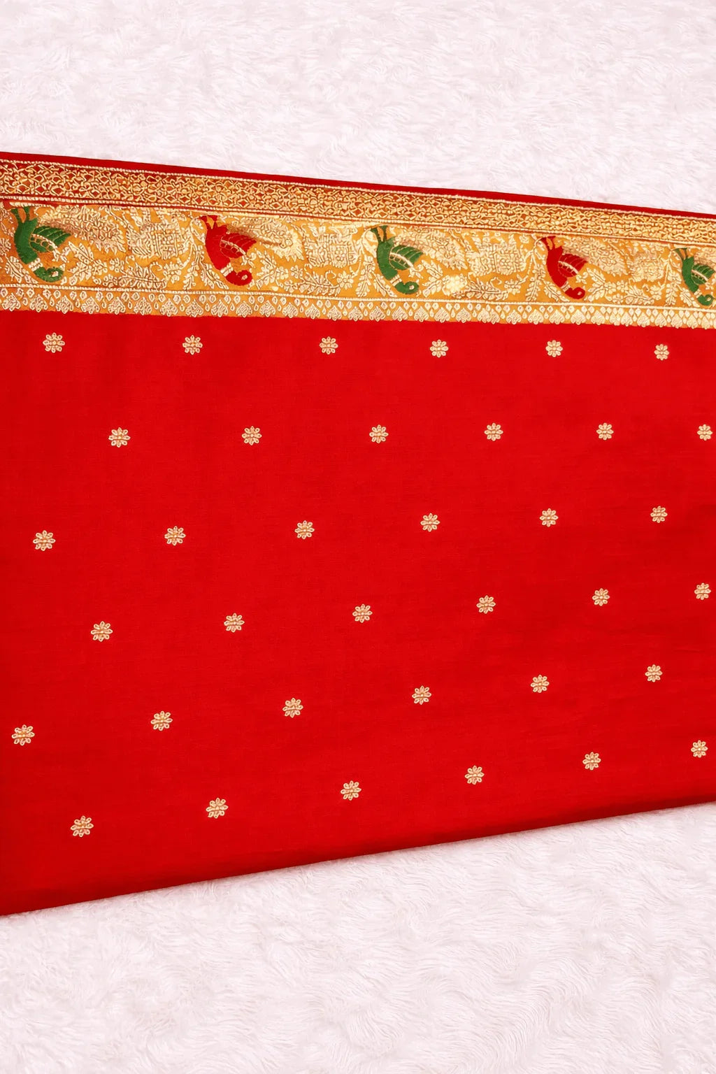 Navy Blue Color Silk Saree with Peacock Zari Work & Contrast Red Blouse - Saree