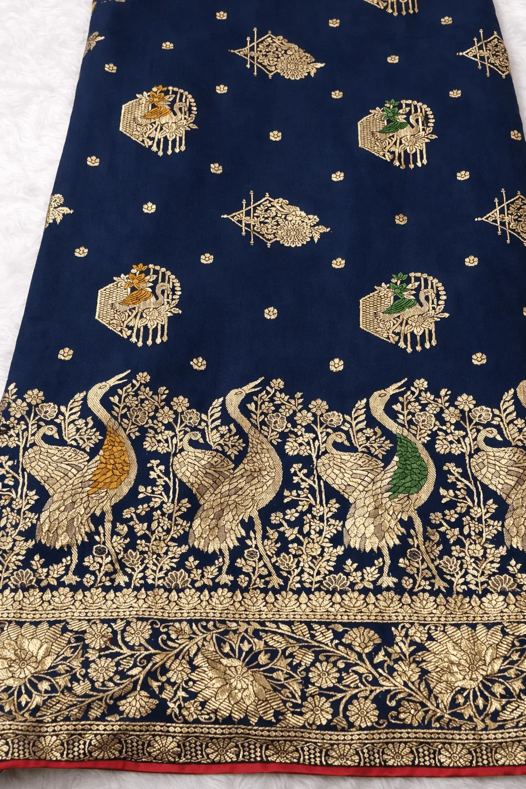 Navy Blue Color Silk Saree with Peacock Zari Work & Contrast Red Blouse - Saree