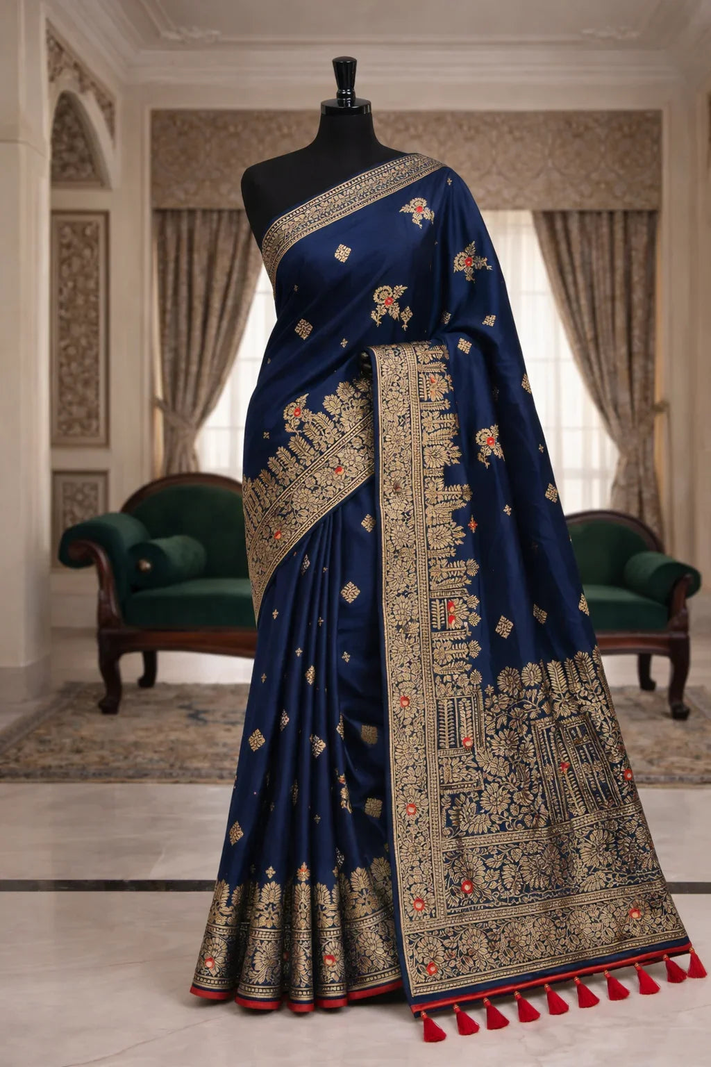 Navy blue Handloom Cutwork Silk Saree - Kanyaraa