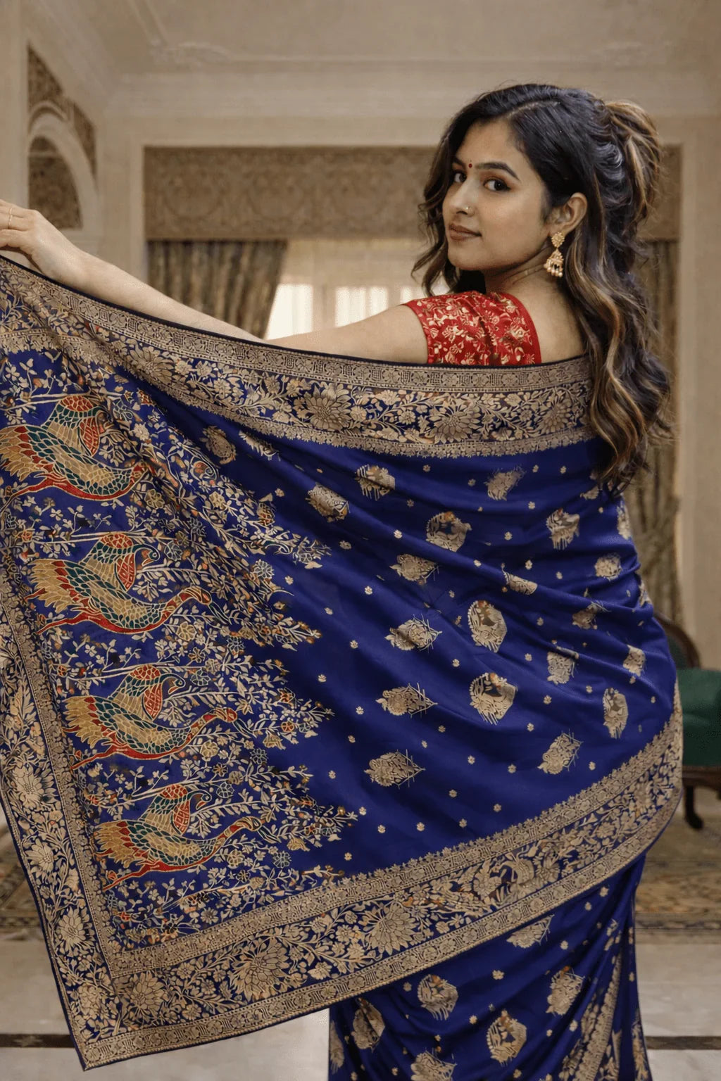Navy Blue Mashru Silk Saree with Meenakari Peacock Zari Work & Contrast Red Blouse - Kanyaraa
