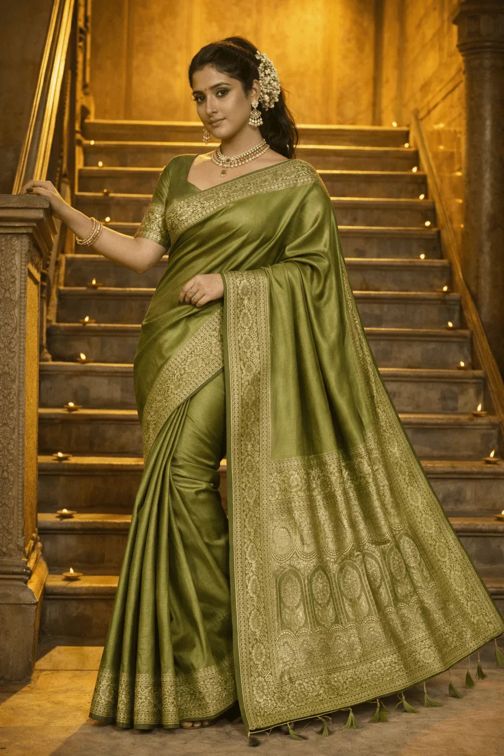 Olive Green Pastel Banarasi Silk Saree With Blouse Piece - Kanyaraa