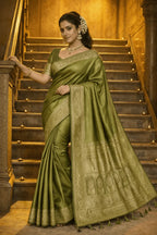 Olive Green Pastel Banarasi Silk Saree With Blouse Piece - Kanyaraa