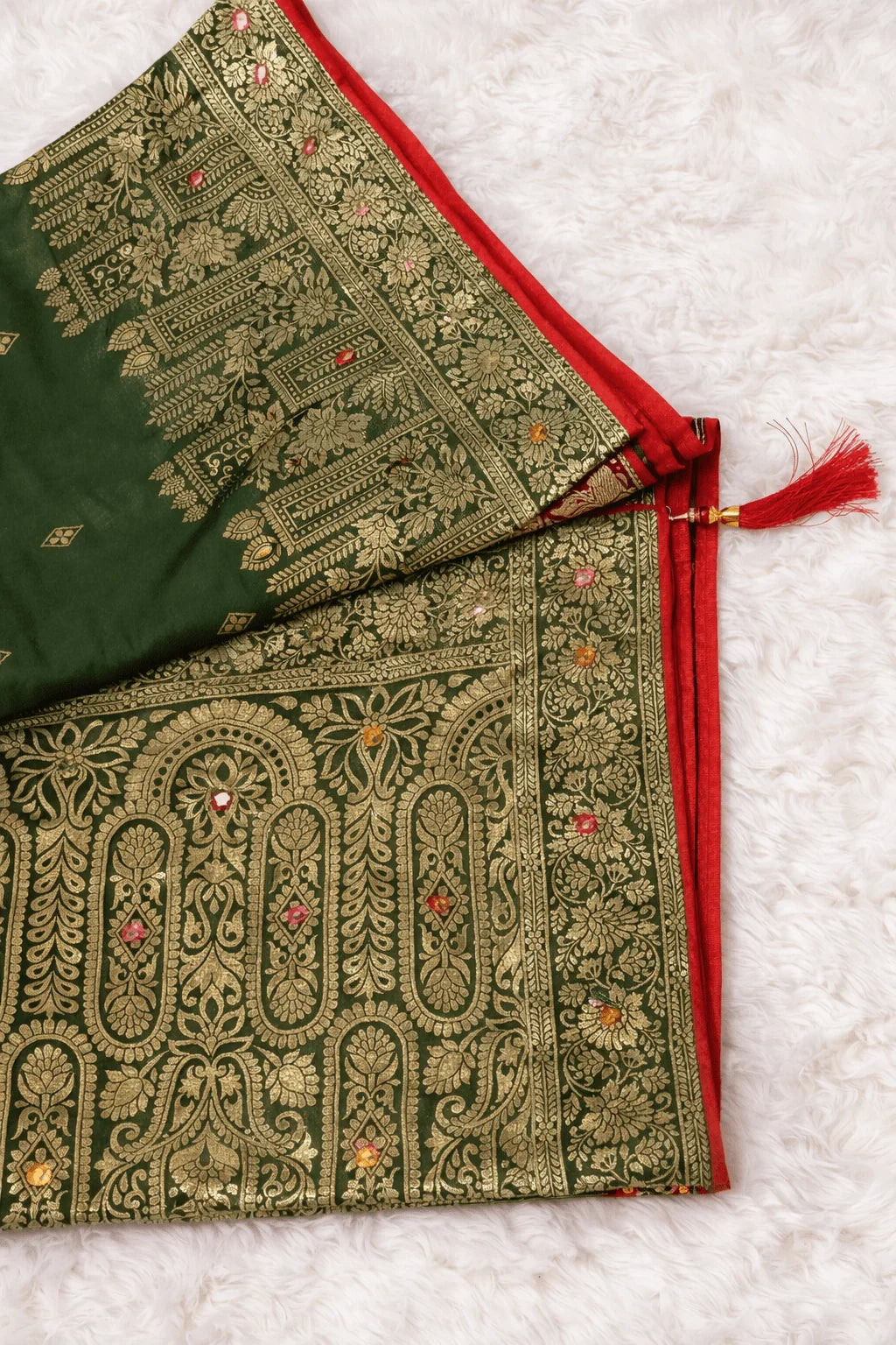 Olive Green Silk Saree with Golden Zari Weaving and Mirror Work with Contrast Red Blouse Piece - Saree
