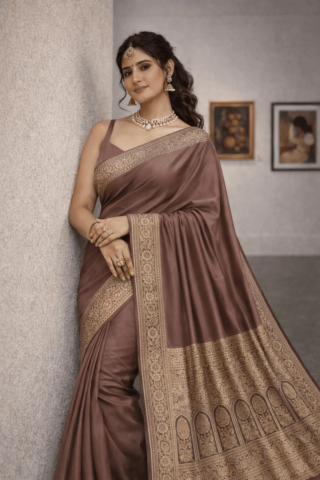 Pastel Brown Banarasi Silk Saree with Gold Border and Blouse Piece - Kanyaraa