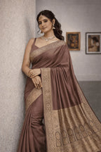 Pastel Brown Banarasi Silk Saree with Gold Border and Blouse Piece - Kanyaraa