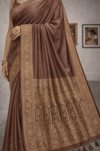Pastel Brown Banarasi Silk Saree with Gold Border and Blouse Piece - Kanyaraa